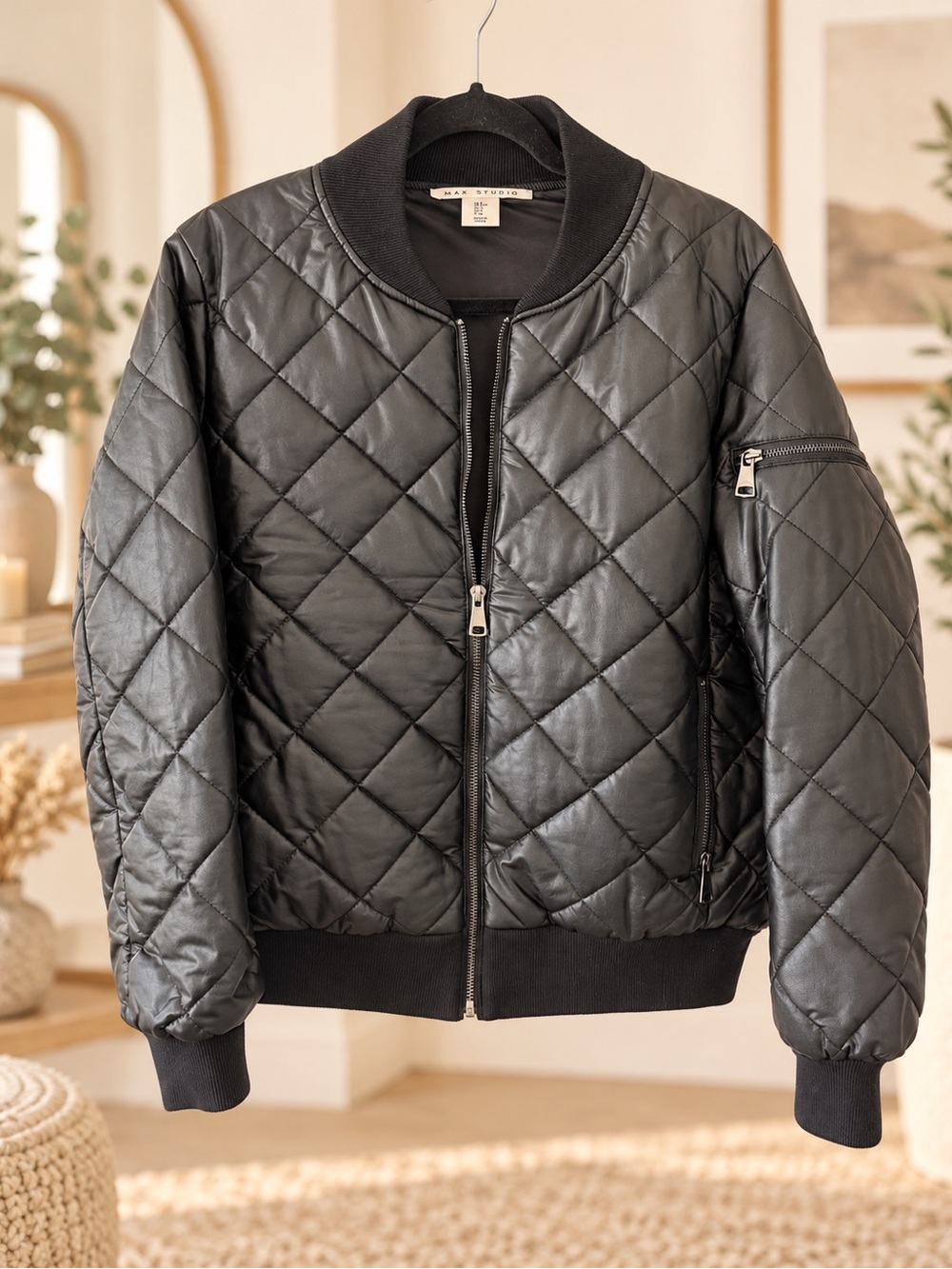 Max Studio Black Quilted Bomber Jacket